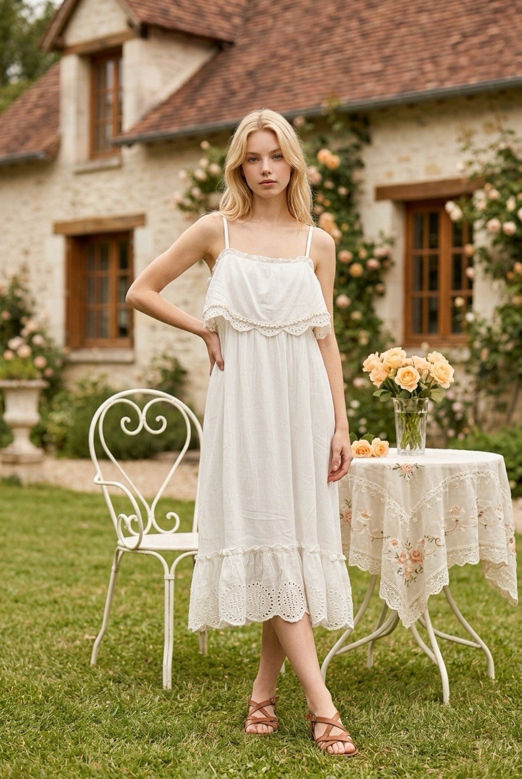 Love Stitch Dress White Ladies Crepe W/Eylet, Mesh, Llace Flowy Dress Med